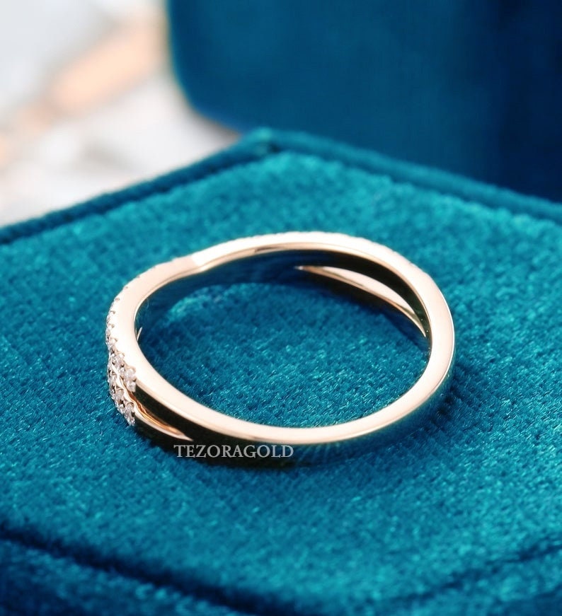 Rose Gold Half Eternity Wedding Band Dainty stackable rings Round cut Minimalist art deco band anniversary gifts Solid Gold Eternity Bands