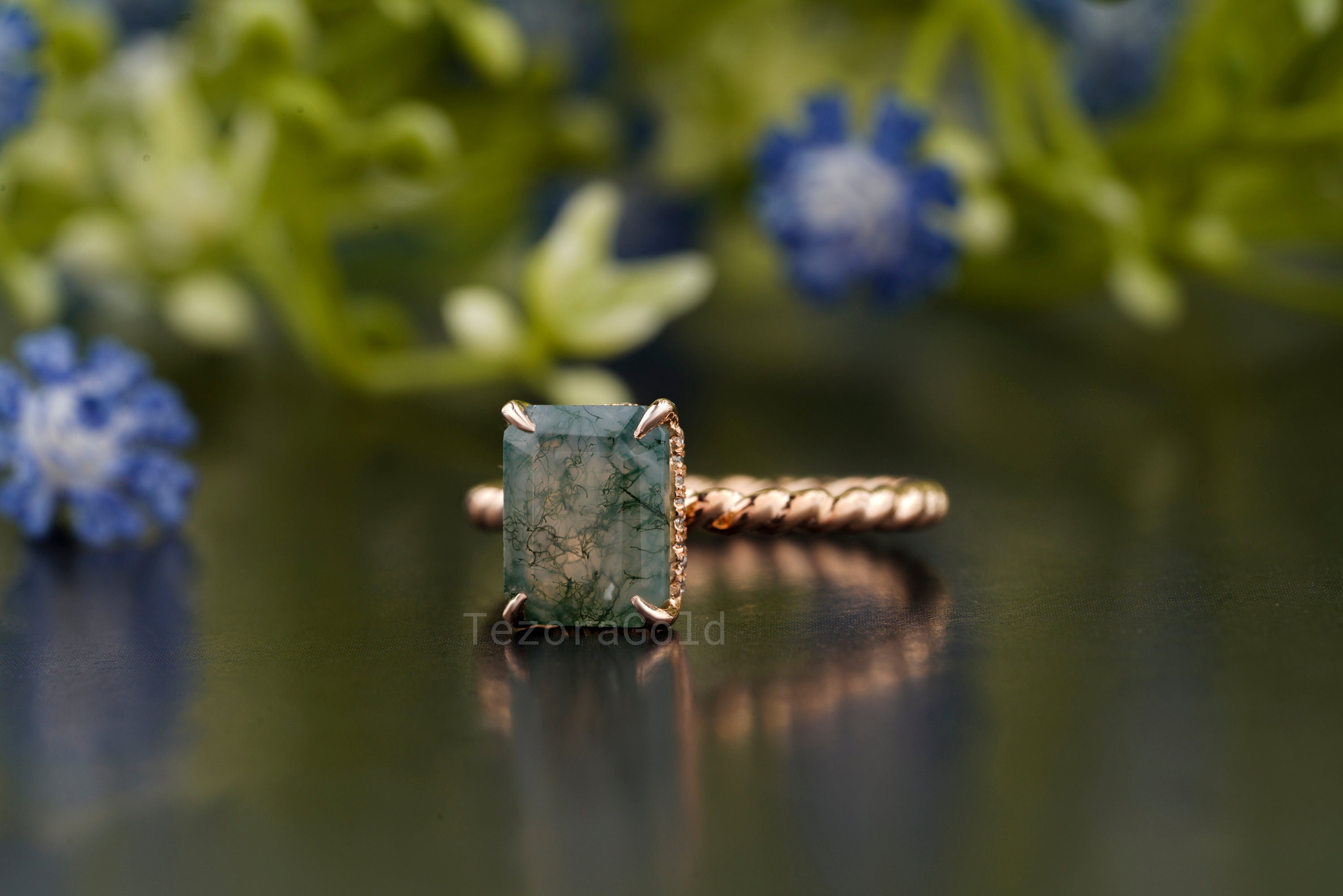 Moss Agate Ring 9x7 Emerald Cut Faceted Moss Agate Ring Moss | Etsy