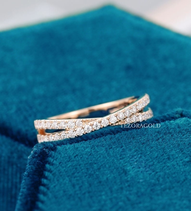 Rose Gold Half Eternity Wedding Band Dainty stackable rings Round cut Minimalist art deco band anniversary gifts Solid Gold Eternity Bands