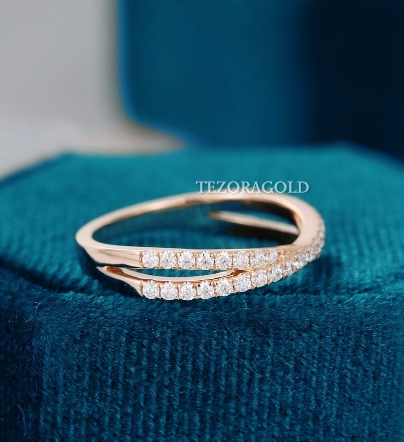 Rose Gold Half Eternity Wedding Band Dainty stackable rings Round cut Minimalist art deco band anniversary gifts Solid Gold Eternity Bands