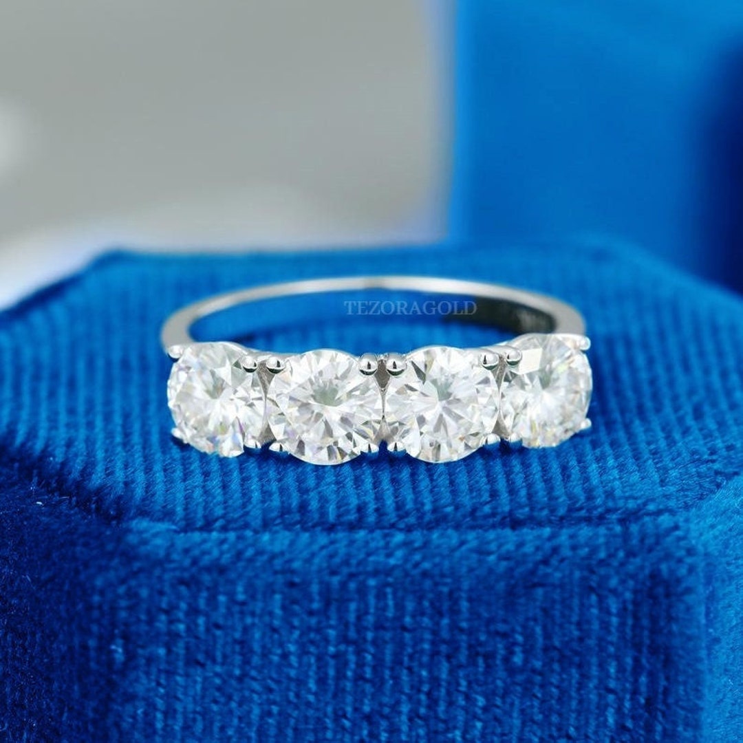 14K Solid Real White Gold Ring, Unique 4 Stone Moissanite Ring, Four