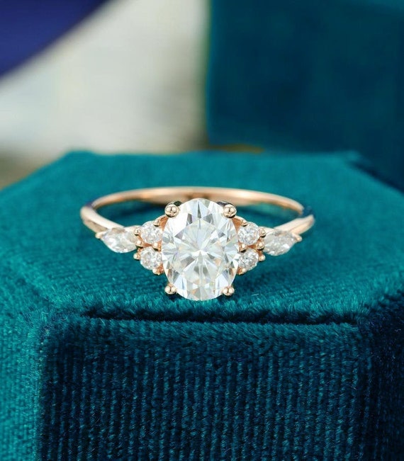 Moissanite Engagement Ring Rose Gold 1.33CT Oval Cluster Ring for