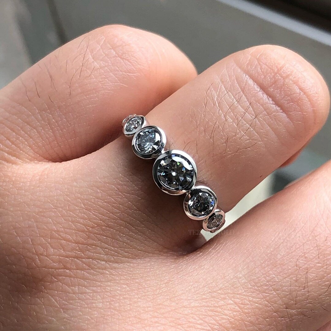 14K Gold Diamond Ring, Bezel Set Grey Moissanite Engagement Ring, Seven