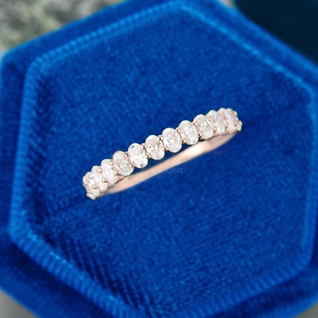 Oval Cut Moissanite Wedding Band Women Yellow Gold Unique Half Eternity ...