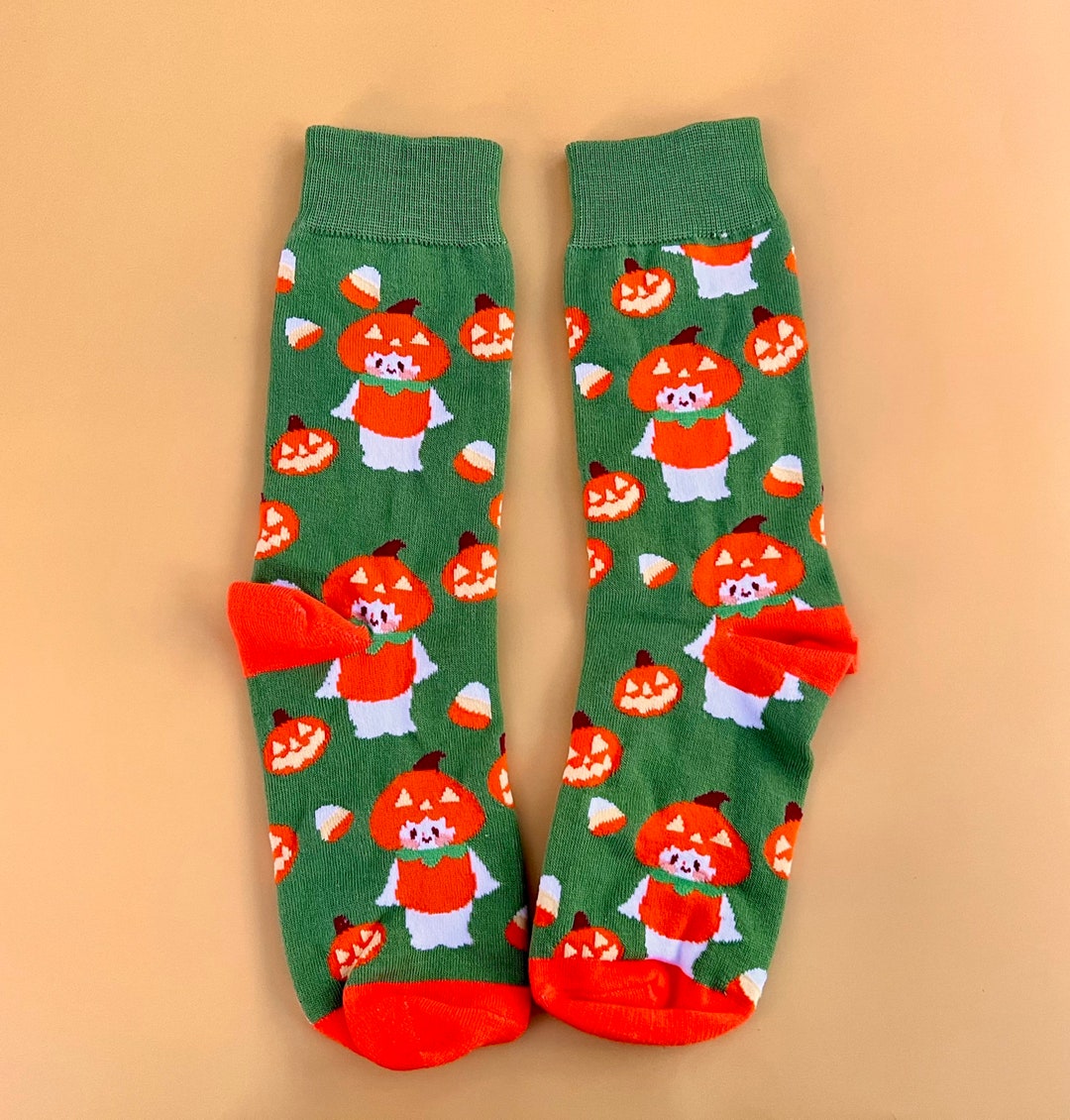 Pumpkin Socks , Green Socks , Mushroom Art , Halloween Socks , Cute