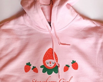 Strawberry Hoodie.  Pink Sweater , Strawberry Girl , Strawberry Sweater , Cottagecore Fashion , Strawberry Art , Gifts For Her