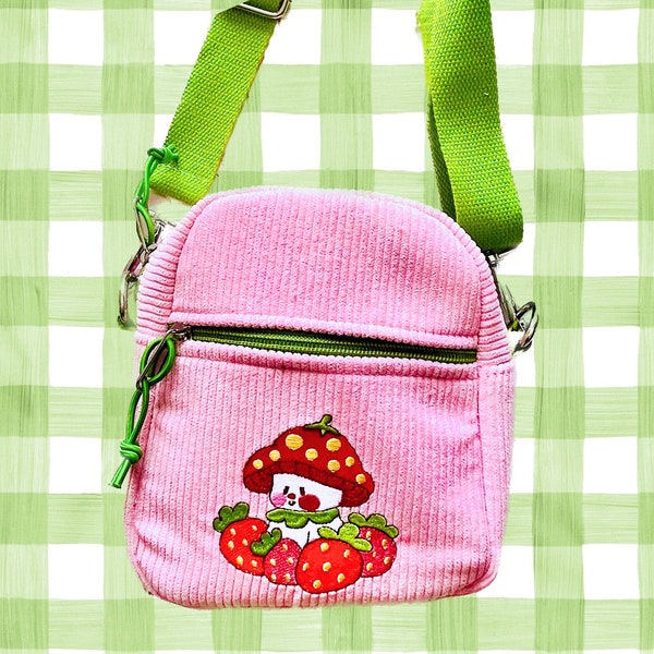 Strawberry Bag , Corduroy Bag , Crossbody Bag , Pink Bag , Strawberry Fashion , Green Gingham Print , Cottagecore Fashion , Mushroom Art