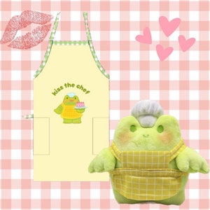 Frog Apron , Kiss The Chef Apron , Cottagecore Kitchen , Kawaii Apron , Gift For Frog Lovers , Kitchen Gift , Gift For Baker , Yellow Apron