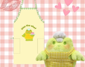 Frog Apron , Kiss The Chef Apron , Cottagecore Kitchen , Kawaii Apron , Gift For Frog Lovers , Kitchen Gift , Gift For Baker , Yellow Apron