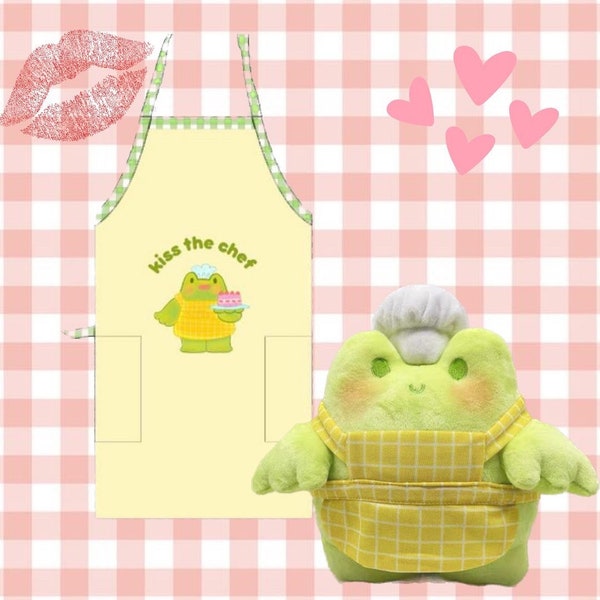 Frog Apron , Kiss The Chef Apron , Cottagecore Kitchen , Kawaii Apron , Gift For Frog Lovers , Kitchen Gift , Gift For Baker , Yellow Apron