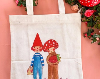 Canvas Tote Bag , Strawberry Tote , Mushroom Bag, Cottagecore Art , Cottagecore Fashion , Zipper Bag , Farmers Market Bag , Cute Tote