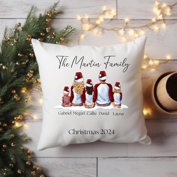 Personalized Family Christmas Cushion Cover, Custom Family 2024 Decoration, Family of Five Gift