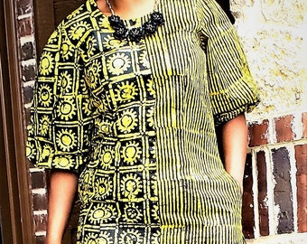 Robe trapèze jaune et noire, robe batik nigériane, robe de soirée imprimée Adire, mode d'Ankara, robe africaine avec poches