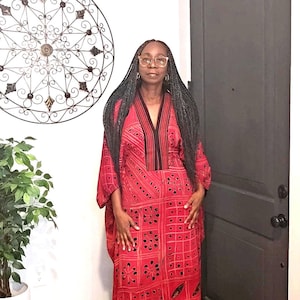Hand-Dyed Adire Maxi Kaftan, Ruby Red Adire Kaftan, Yoruba Batik Ankle Length Dress, Afrocentric One Size Long Dress, African Dress