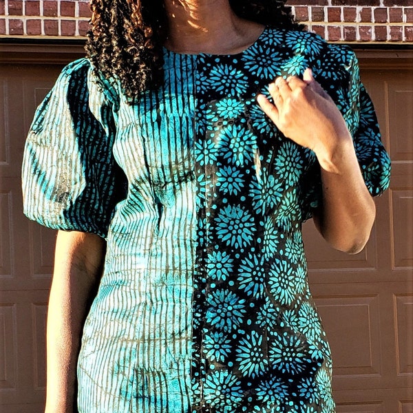 A-line Teal and Black Dress; Nigerian Batik Dress; Adire print formal dress; Ankara Fashion; African dress with pockets,