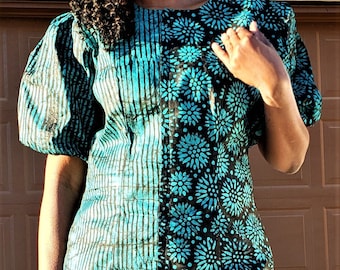 Sukienka w kolorze turkusowo-czarnym o kroju litery A, nigeryjski batik Adire, moda afrykańska Ankara z kieszeniami