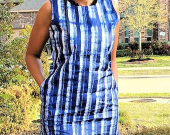 Cotton Blue stripe dress. Adire Batik Fashion, African Dress. Summer cotton dress. Knee-length dress. Shibori-style dress. Tie & Dye dress.