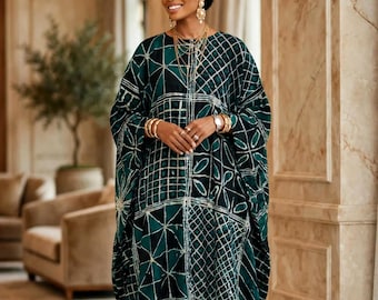 Ręcznie farbowany turkusowy kaftan Adire Maxi, sukienka Yoruba Batik, długa sukienka w jednym rozmiarze, afrykański BuBu, BouBou w jednym rozmiarze, zielona sukienka maxi, długi kaftan