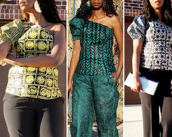 One shoulder top, Yellow and Black, Teal and Black, White and Black African top, Adire blouse, Nigerian Batik Top, African Fashion