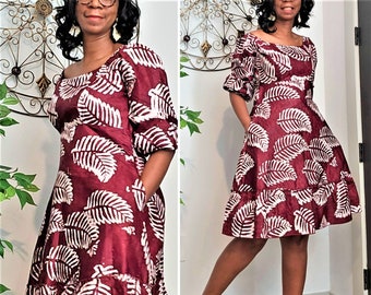 Brown and White Tiered dress. Summer Boho Chic dress. Cotton comfy dress. Off-the-shoulder dress with pockets. African Ankara Adire dress.