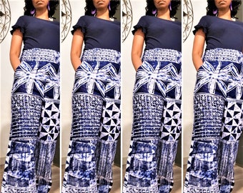 Blue & White Palazzo pants. Adire Eleko Boho Pants. African Print Fabric. Adire Tie Dye. Women's Wide-leg Pants.  Indigo Ankara Fashion.