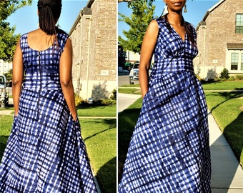 Tie Dye Maxi Dress. Long Boho dress. Shibori full length dress. African Indigo Adire Fabric. African Fashion. Ankara dress.