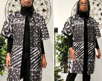 Women's Duster Coat, Black and White Jacket, African Print Fabric, African Adire Tie Dye, African Jacket, African Fashion