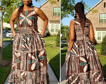 Adire Tie Dye Maxi Dress. Eleko Tiered batik summer dress. Long Boho Chic dress. Teal Brown & White Cotton Dress. African Ankara Dress.