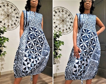 Blue and White Adire Eleko dress. Boho draw-string dress. Ankle - length Cotton Maxi. Tie Dye African Dress. Ankara Dress