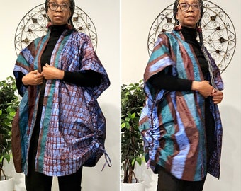 Women's Kimono Jacket. Brown and Blue Duster Coat. Multi-colored Adire Duster. African Print Fabric Cape.  African Tie Dye. Ankara Fashion.