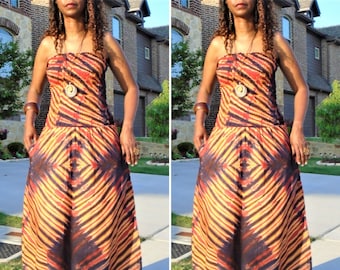 Sukienka maxi tie-dye: brązowa, boho, letnia, do kostek