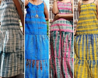 Tie Dye Maxi Dress. Long Boho kaftan. Tiered Ankle length Summer Dress. Adire full length dress. Ankara African dress. Customizable dress.