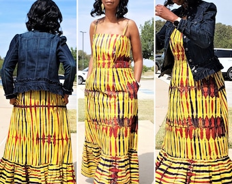 Tie Dye Yellow Maxi Dress. Long Boho dress. Spaghetti Straps. Ankle length Summer Dress. Adire full length dress. Ankara African dress.