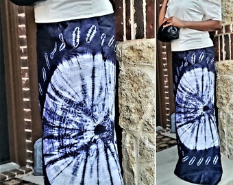Blue and White Maxi Tie Dye skirt, Long A-Line Skirt, Ankle-length skirt, African Ankara Fashion, Nigerian adire cloth, Spiral tie-dye skirt