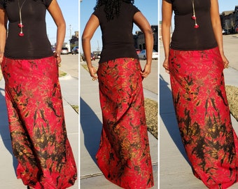 Czerwona, czarna spódnica maxi tie-dye, Ankara, fason w kształcie litery A