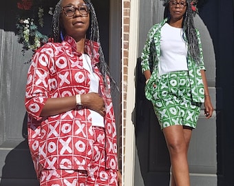 Cotton short co-ord set. Adire shorts and shirt. Batik top and shorts. Green set. Red summer co-ord. Ankara Fashion. Nigerian Tie Dye.