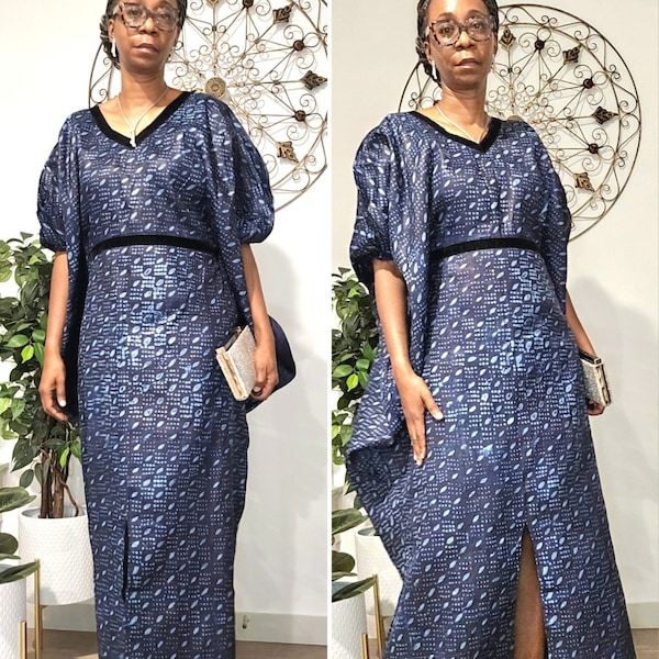 One-size Indigo Eleko Kaftan. Blue maxi dress. Ankle-length comfy dress. Batik tie-dye caftan. Boho chic dress. African Ankara print.