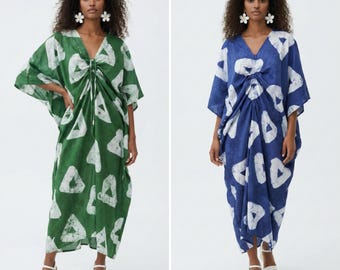 Ręcznie robiona bawełniana sukienka maxi typu kaftan, afrykański batik boho Adire, ściągacz Bubu, styl spadochronowy, moda afrocentryczna