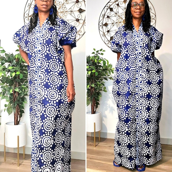 One-size blue and white kaftan. Long summer maxi. Cotton ankle-length comfy dress. Batik tie-dye caftan. Boho chic dress. African Ankara.