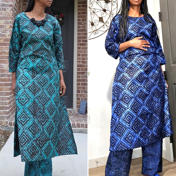 Adire Blue & Black Batik Pant Set, Teal and Black Co-ord Set, Tie Dye Kaftan and Trousers, African Fashion, Ankara Long Blouse