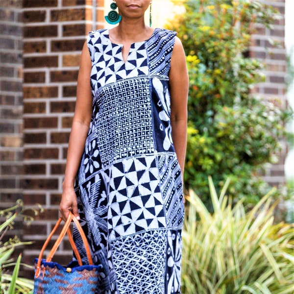 Tie Dye Maxi Dress, Long Boho dress, Linen dress, Adire Cloth, Textile Art, Artisan Fabric, African Indigo Fabric, Fabric Craft