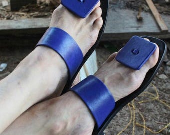 Blue Leather Slippers. Hand-made Hausa slippers. Nigerian leather. Afrocentric fashion style.