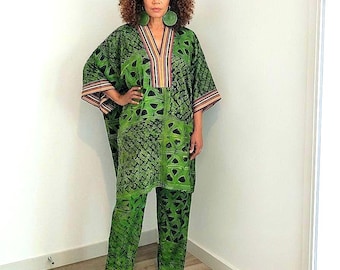 Komplet spodni Adire Batik z wykończeniem aso-oke, zielona długa góra i dół w kolorze tie-dye, komplet bluzki i spodni z afrykańskiego batiku, African Ankara Fashion