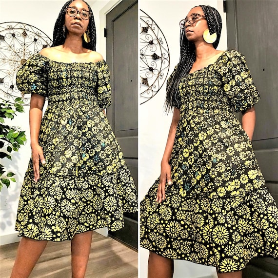 Yellow Smocked Batik Dress,  African Adire Batik Midi Dress, Adire print knee-length dress, Ankara Fashion, Yellow dress with pockets