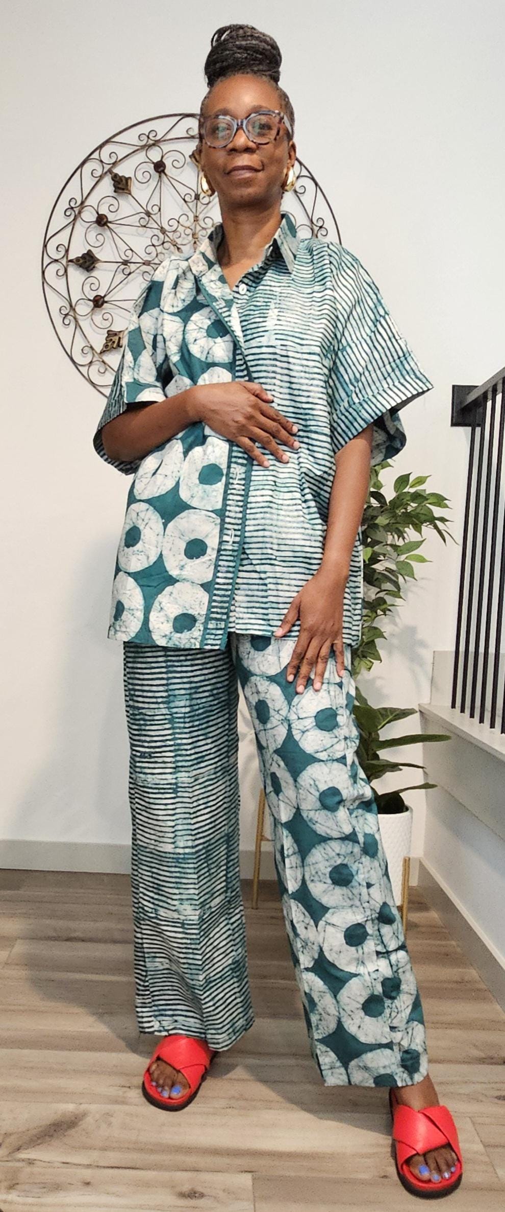 Adire Batik Pant Set, Red Coord Set, Green shirt and bottom