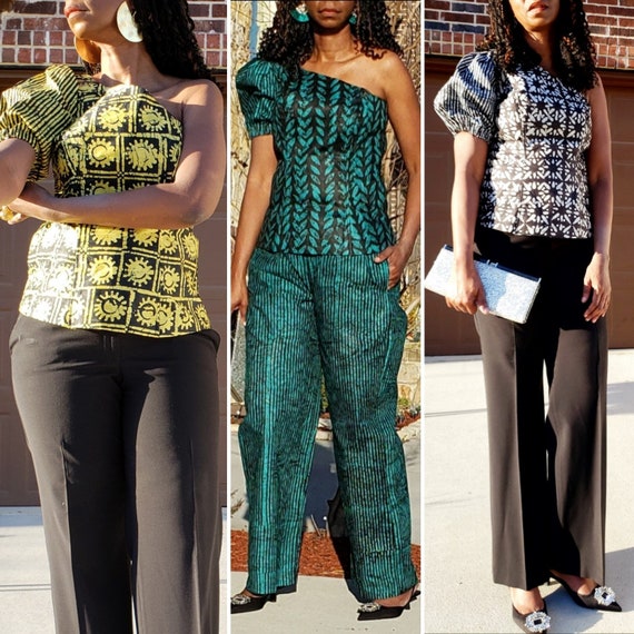 One shoulder top, Yellow and Black, Teal and Black, White and Black African top, Adire blouse, Nigerian Batik Top, African Fashion