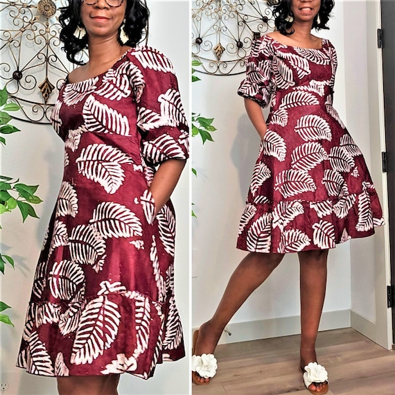 Brown and White Tiered dress. Summer Boho Chic dress. Cotton comfy dress. Off-the-shoulder dress with pockets. African Ankara Adire dress.