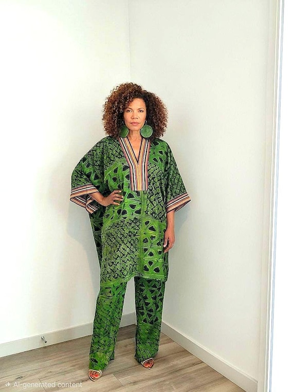 Adire Batik Pant Set with aso-oke trim, Green Tie-Dye long top and bottom, African Batik blouse and trouser set, African Ankara Fashion
