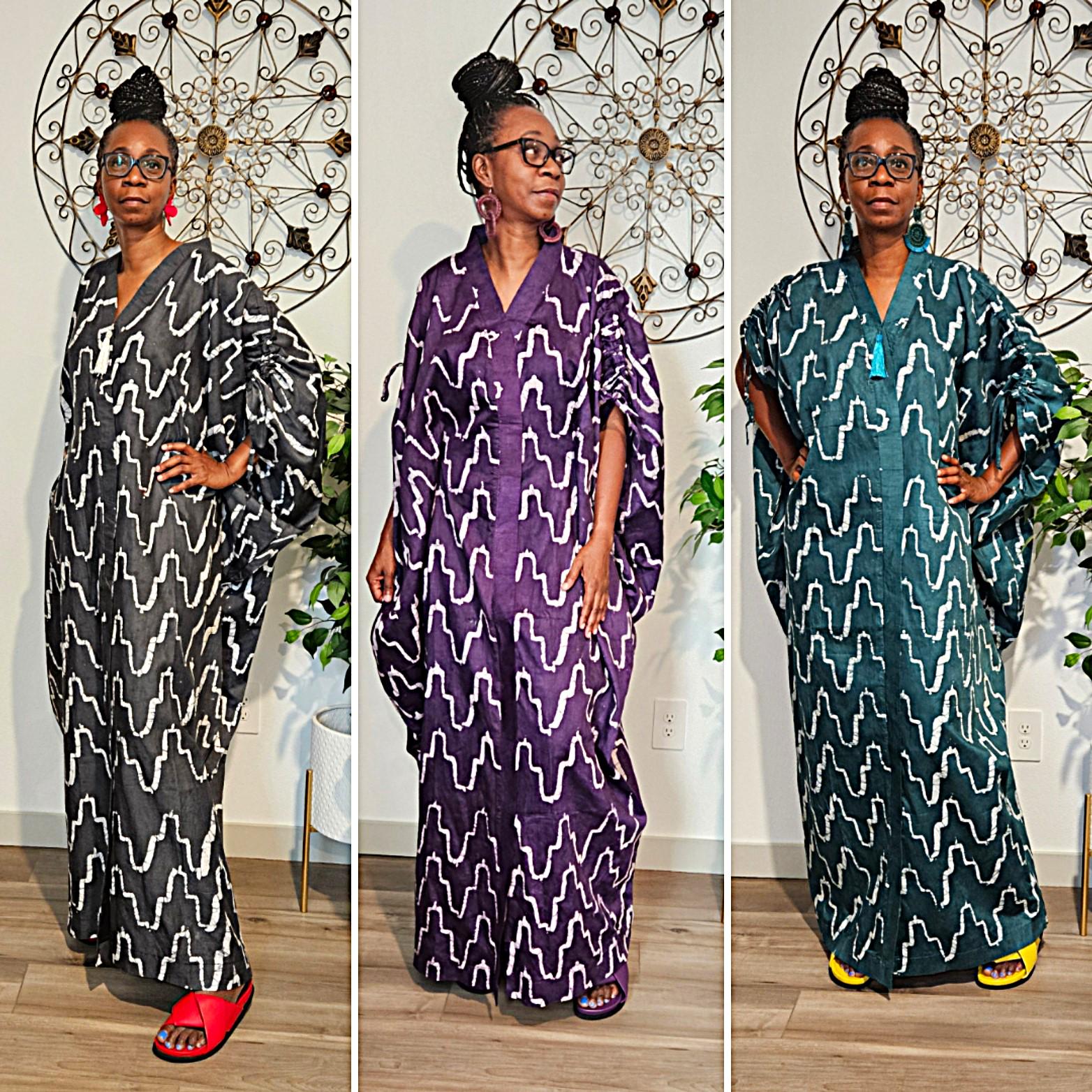 African Adire One Size Kaftan. Grey Green Purple Maxi Batik Dress. African Tie Dye Long Dress. African Ankara print dress. Casual Clothing