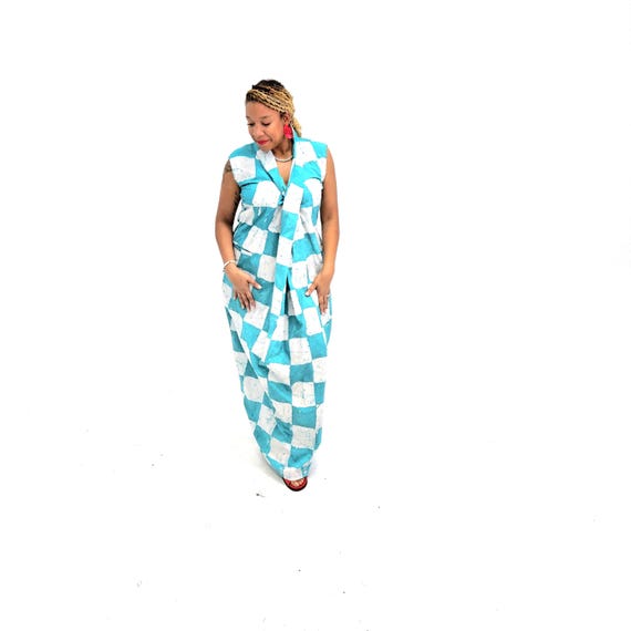 Cross Front Cotton Maxi Dress, Teal and White Checkered Adire Maxi, Comfy Cotton Kaftan Dress with Pockets, Modest Summer Dress US M to L